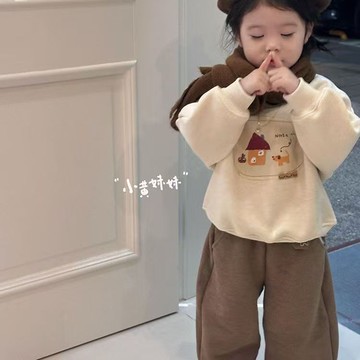 ATL 女童套裝 兒童加絨加厚套裝 兒童冬裝 韓國童裝 秋冬新款 杏色卡通貼布加絨衛衣 女童棕色休閒褲兩件套