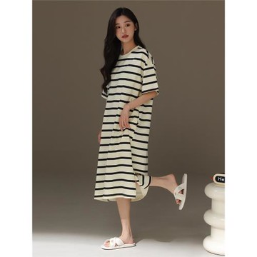 2026年新款帶胸墊睡裙女夏季純棉圓領短袖簡約條紋孕婦性感連衣裙