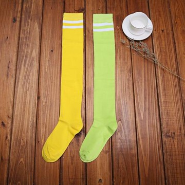 綠黃色兩白杠高爾夫長筒過膝襪中筒襪條紋學生動漫表演舞蹈運動襪