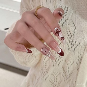 💥新年戰甲❤️手工穿戴甲秋冬氣質顯白紅色法式甲片波點蝴蝶結百搭聖誕新年美甲純手工穿戴甲 SZRT