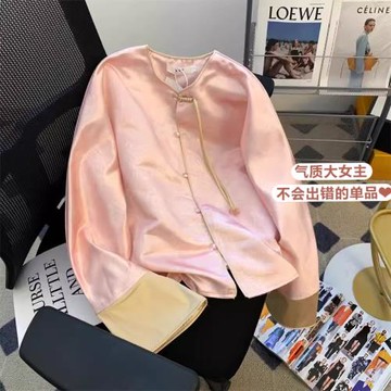 新中式國風襯衫女禪意改良唐裝漢服盤扣開衫粉色醋酸宋錦真絲上衣