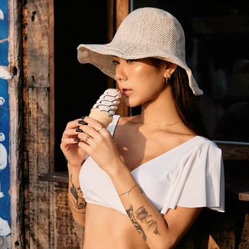 顯瘦V領荷葉後綁帶美背比基尼