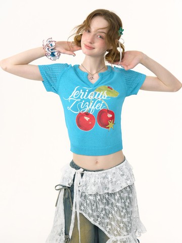 ziziFfei夏季美式復古鏤空短款上衣藍色櫻桃印花v領針織短袖t恤女