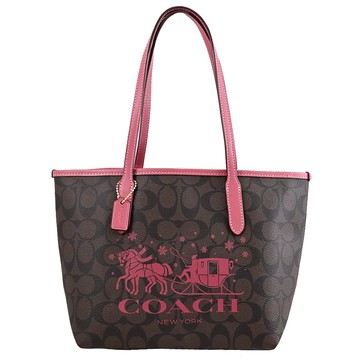 COACH CM183 馬車LOGO印花手提肩背小托特包.深咖/粉