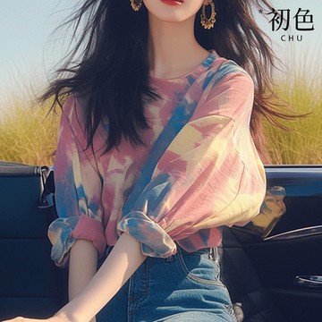 初色 法式暈染圓領七分長袖T恤上衣女上衣-粉色-34961(M-2XL可選)