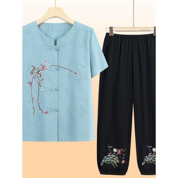奶奶夏裝70-80歲棉麻套裝老太太夏天繡花兩件套媽媽夏季圓領短袖