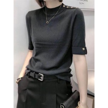 黑色半高領短袖女早秋2025新款歐貨修身針織衫套頭打底衫t恤上衣