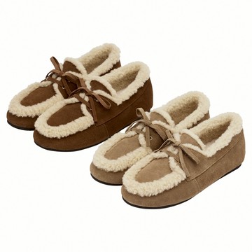 【Grace Gift】莫卡辛 女鞋【復古暖意真皮羊羔毛莫卡辛鞋】2色 35-39號 毛毛鞋