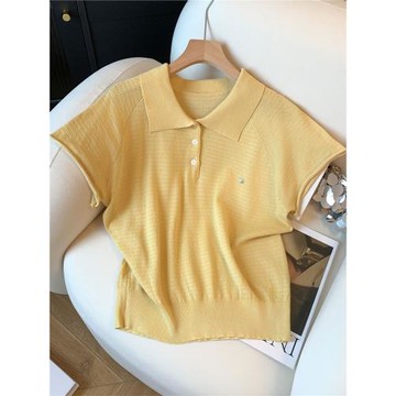 (免運)2025新款冰絲上衣克萊因翻領針織打底衫女甜辣美式冰感條紋款上衣