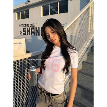 加州假日~美式數字印花短袖純棉T恤女夏白色圓領修身顯瘦辣妹上衣
