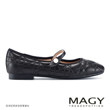 MAGY 格紋羊皮珍珠釦瑪莉珍平底鞋 黑色 #15710