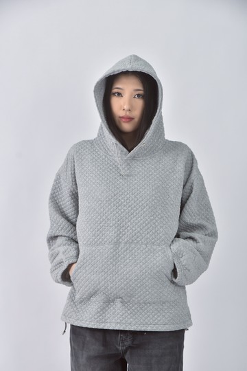 (XL) jiu質感連帽格紋灰色長袖上衣