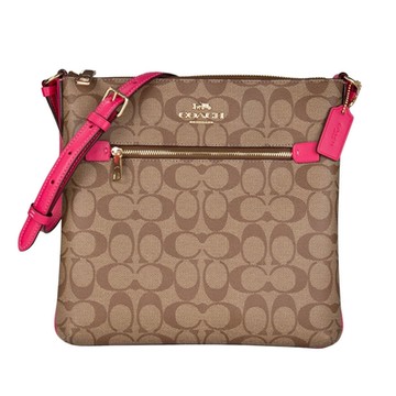 COACH  PVC LOGO 拚色文件袋斜背包(卡其/桃紅)