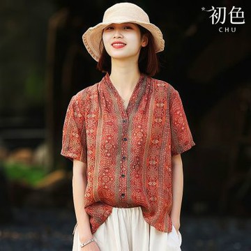 初色 復古寬鬆V領印花單排釦短袖襯衫上衣女上衣-花色-14984(M-2XL可選)