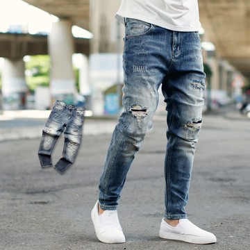 【NB1741J】洗舊刷白抽鬚造型無破補丁小直筒牛仔褲(MW5831)