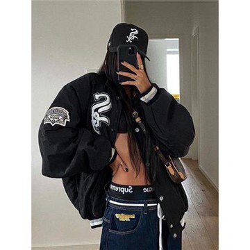 美式復古黑色棒球服棉衣短款外套女歐美高街oversize辣妹夾克棉服