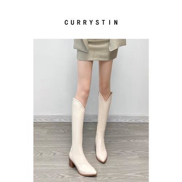 currystin白色靴子女2025新款小個子高跟長筒靴粗腿v口尖頭長靴