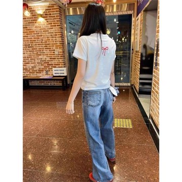 韓國東大門2025春夏新款時尚后背蝴蝶結印花短袖T恤女百搭上衣潮