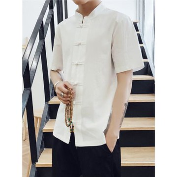 亞麻短袖襯衫男夏季薄款中國風男裝休閑棉麻襯衣中式復古盤扣上衣