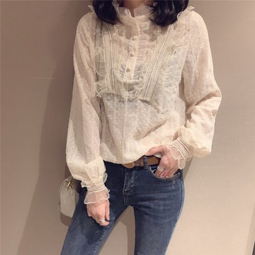 春裝新款氣質小女人百搭蕾絲鉤花顯瘦立領襯衫女內搭打底上衣1入