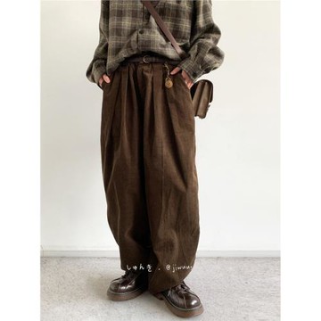 冬季日系復古燈芯絨垂感休閑褲男女中性咖啡色寬松闊腿工裝長褲子