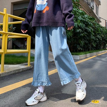 春秋褲子日系牛仔褲女闊腿褲寬松2021年新款高腰直筒百搭九分褲潮