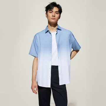 防皺全棉漸層短袖休閒襯衫/水藍色 | 5113032871