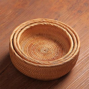 日式圓形水果籃子零食點心饅頭面包客廳家用越南藤編織收納筐托盤