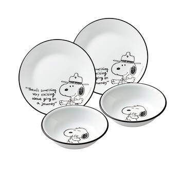 【美國康寧 CORELLE】SNOOPY史努比 黑白食尚4件式餐具組-D02