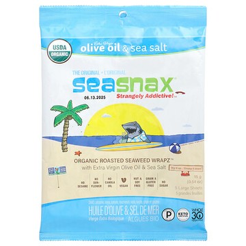 SeaSnax, 有機烤海藻卷™，含高級初榨橄欖油和海鹽，5 大片，0.54 盎司（15 克）
