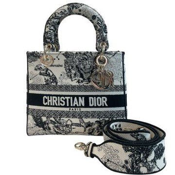 二手品 DIOR LADY黑白刺繡黛妃包 中號