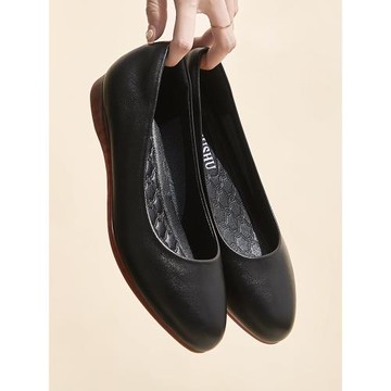 尖頭平底1.5cm淺口低跟軟底女皮鞋黑色工作鞋 中年媽媽鞋舒適工鞋