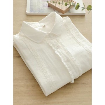 文藝小清新甜美蕾絲花邊娃娃領雙層棉紗白襯衫女長袖打底衫學生潮