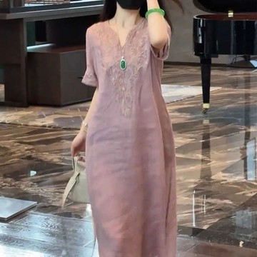 🌈ATC✨棉麻 亞麻 新中式國風棉麻重工刺繡領連衣裙女2026夏季寬鬆顯瘦氣質長裙子 涼感