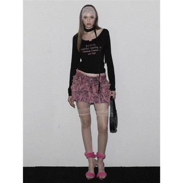 badblood蕾絲邊T恤女字母印花純欲美式辣妹顯瘦長袖打底衫上衣潮