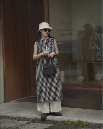 日產亞麻棉 格紋泡泡紗無袖洋裝