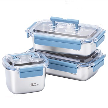cook power 鍋寶 藍提系列可微波316不鏽鋼保鮮盒點心3件組 600ml*2+450ml*1 銀色  1組