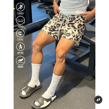 戶外休閒美式涼感短褲動物豹紋籃球寬鬆網眼三四分褲重磅男運動褲美式籃球褲籃球短褲男五分褲男大尺碼短褲透氣短褲運動褲男