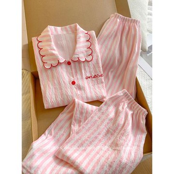 粉色云朵棉條紋夏季三件套睡衣女款短袖2025新款花邊娃娃領家居服