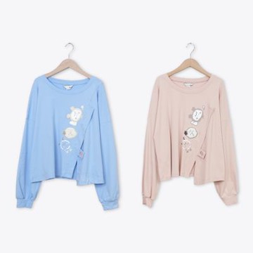 【Dailo】棉花糖家族出遊GO!開衩不對稱上衣 藍 粉