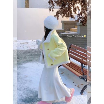 林初美 黃色皮毛一體羊羔絨外套女冬季韓系加絨加厚麂皮絨仿皮草