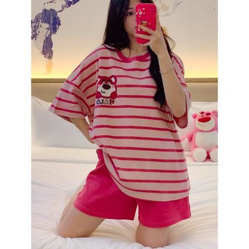2024夏季純棉睡衣女士可外穿條紋草莓熊網紅短袖小個子家居服套裝