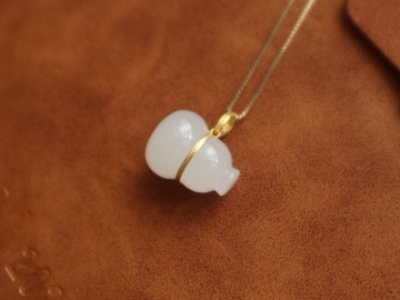 18k金鑲嵌天然和田玉葫蘆吊墜項鏈 一級白脂份好羊脂白 福祿安康