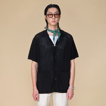 翻領黑色針織短袖開襟上衣-00192505104