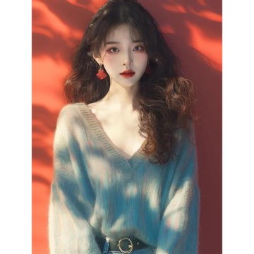 溫柔風渲染v領毛衣女寬松秋冬洋氣漂亮軟糯上衣套頭v領針織外套女