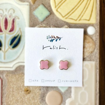 【再次販售】粉色 美濃燒磁磚 金繕 花朵 耳針/耳環/無耳洞耳環 金色 小巧 簡約 花 陶瓷 美濃燒