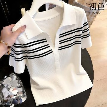 初色 休閒風POLO小V領短袖撞色條紋冰絲柔軟針織上衣女上衣-共2色-50056(F可選)
