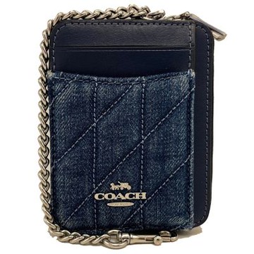 COACH 牛仔布絎縫菱格證件卡夾層鏈帶零錢包(藍)