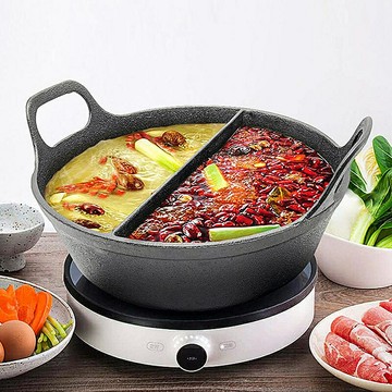 平底鍋 無涂層鑄鐵鴛鴦火鍋商用鴛鴦鑄鐵鍋大容量通用雙耳貴州地攤火鍋