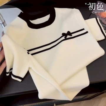 初色 韓版撞色圓領蝴蝶結修身正肩短袖針織衫上衣女上衣-白色-12048(F可選)